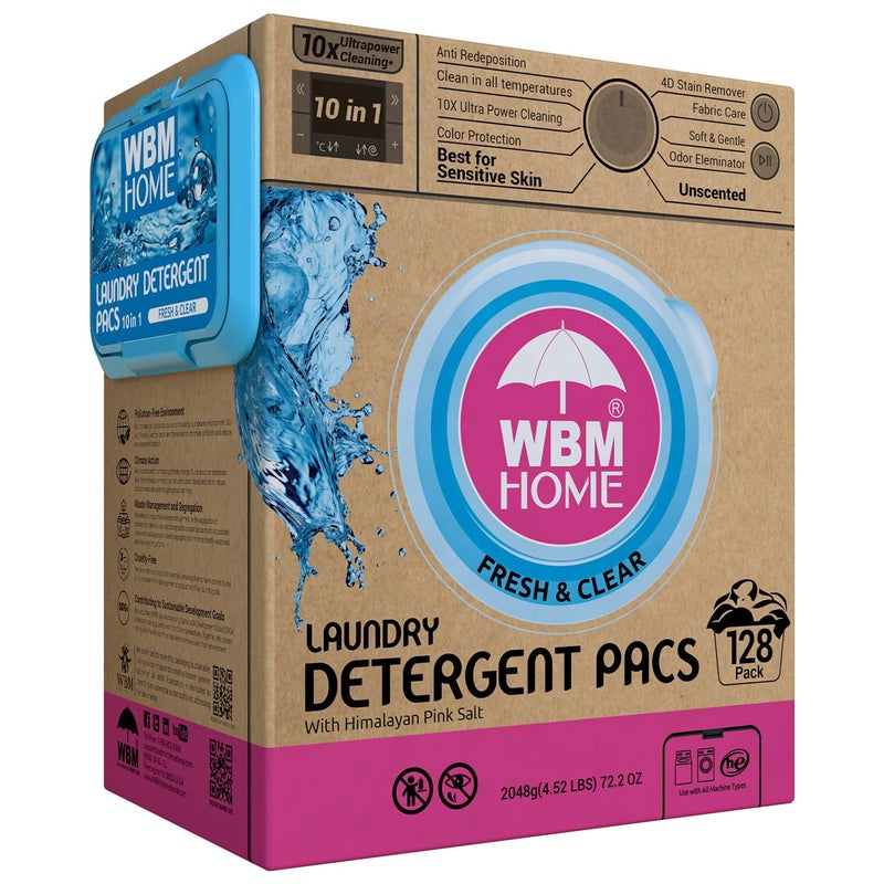WBM Home Laundry Detergent Pods, 128 Count | Fresh & Clear Unscented | Laundry Pods 10x Ultrapower Cleaning With Color Protection and Eco-Friendly Packaging - Image 1